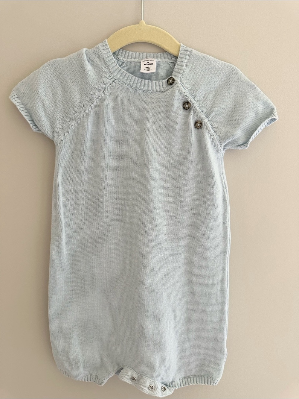 Nordstrom Baby Light Blue Knit Romper Short Sleeve 18 Months 100% Cotton
